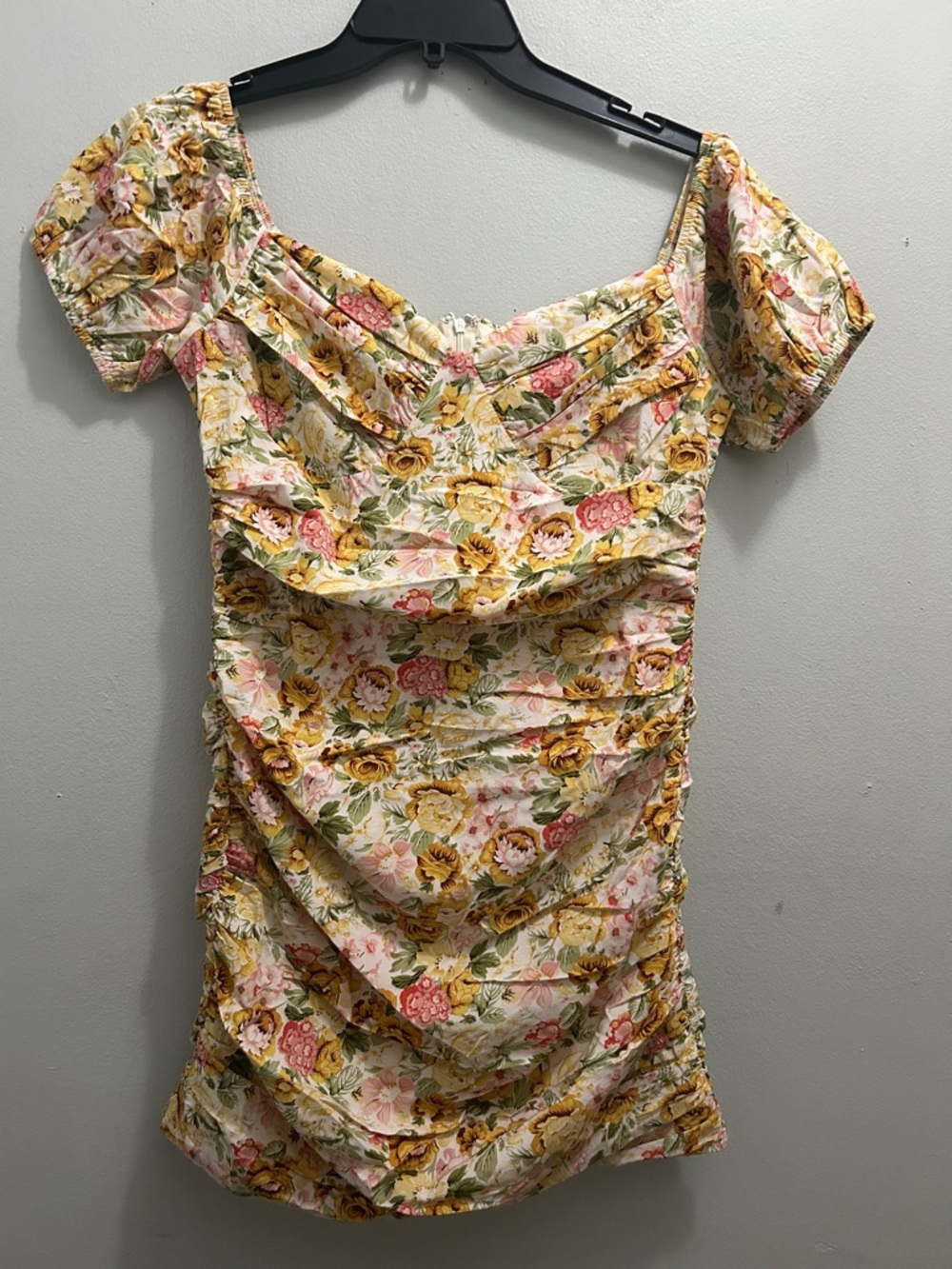 Floral Puff Sleeve Ruched Mini Dress - Yellow Pink